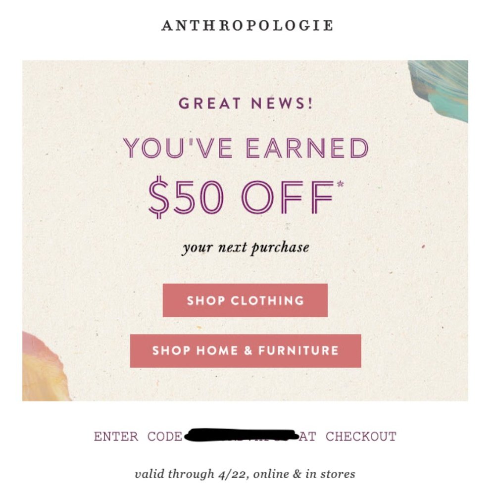$50 Anthropologie gift card